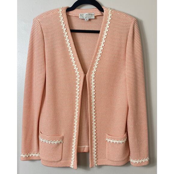 ST JOHN JACKET 10 PINK PEACH CORAL BLAZER KNIT WOOL BLEND VINTAGE PREPPY GIRLY - Picture 1 of 16